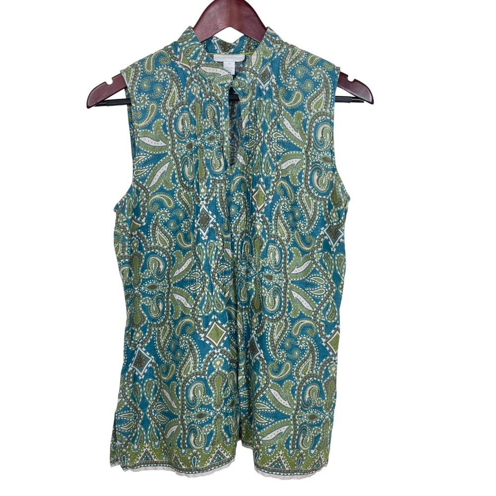 Womens Sz 6 %100 Linen Sleeveless Mandarin Collar Boho Travel Print Paisley Teal